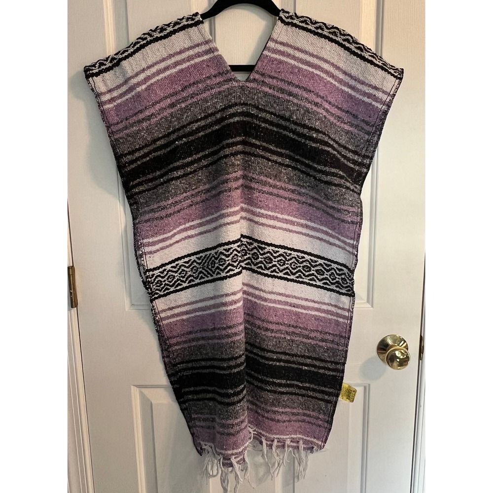 Vintage Frank's Textiles Poncho Purple Black Striped Mexican Serape Recycled‎